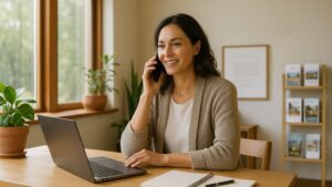 Woman managing an inbound lead generation call from a wellness retreat office, seated at a wooden desk with a laptop and notebook, surrounded by natural light, indoor plants, and calm, professional decor.