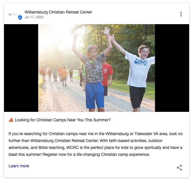 Stand Out on Google Maps: How Retreat Centers & Camps Turn Searches into Bookings WCRC GBP Post Example