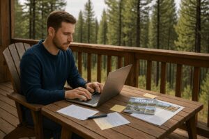 Camp Staff Writing a Blog Article on a Laptop