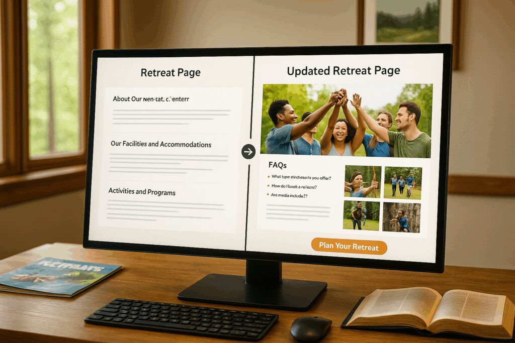 How Retreat Centers and Camps Can Keep Growing with On-site SEO Image of Before and After Shots of a Page updated for SEO