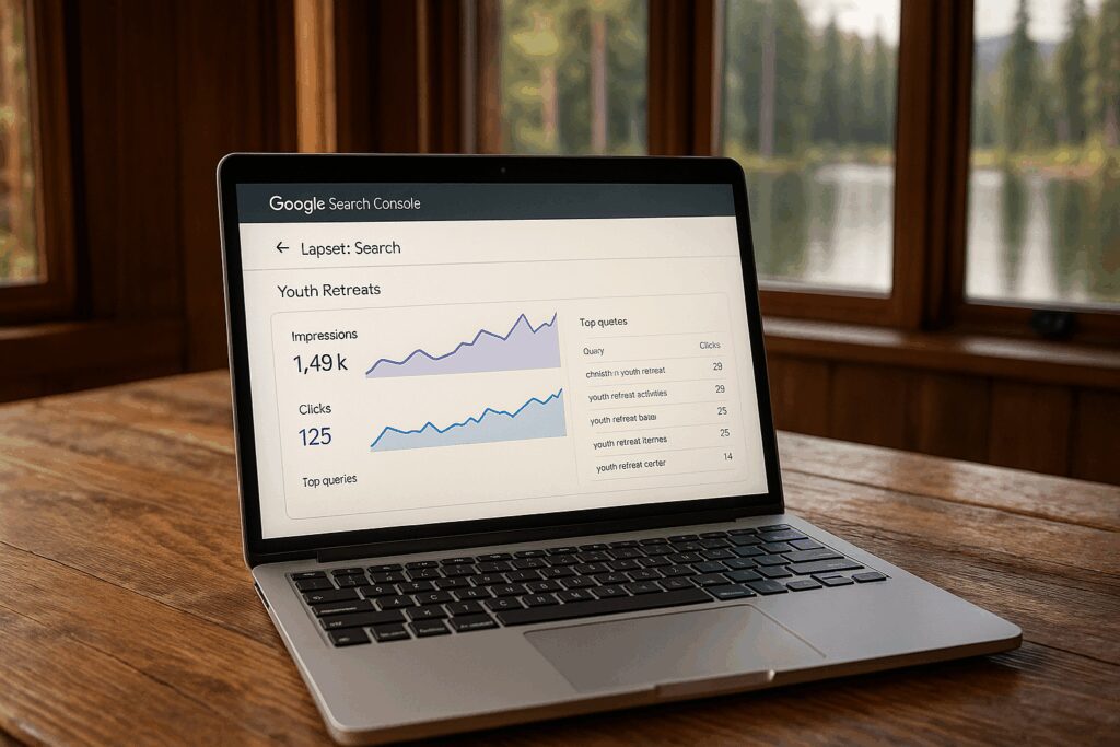 How Retreat Centers and Camps Can Keep Growing with On-site SEO Laptop Screen in a Retreat Center Office Showing Google Search Console