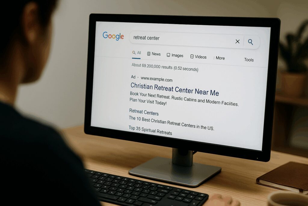 How Retreat Centers & Camps Can Capture High-Intent Leads and Turn Interest into Inquiries Ministry leader searching for a retreat venue on Google