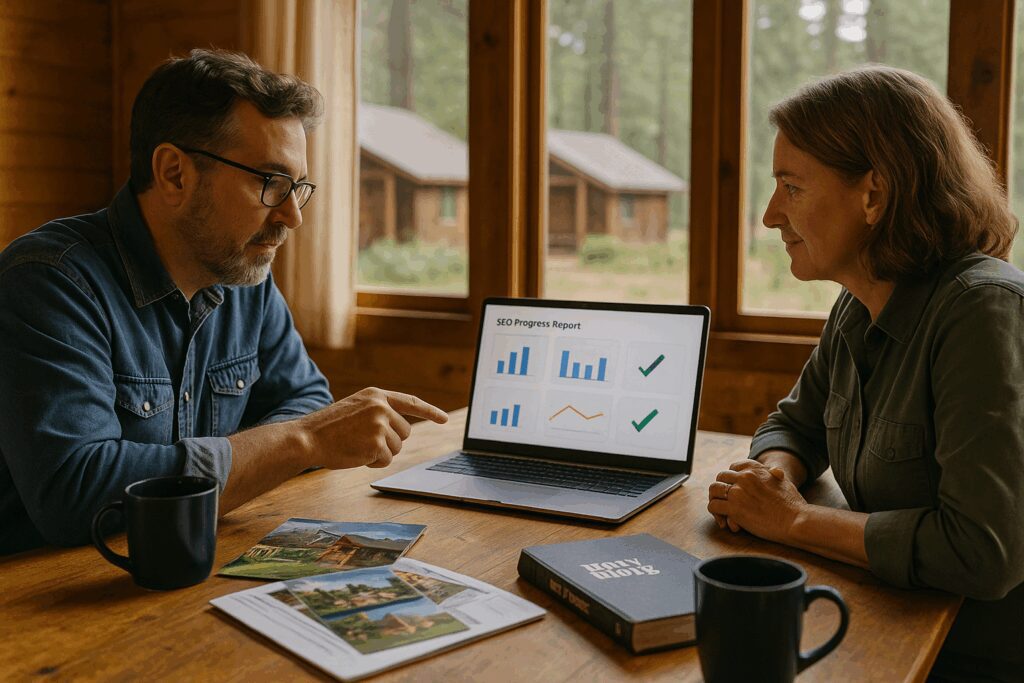 How Retreat Centers and Camps Can Keep Growing with On-site SEO Retreat Director and Camp Marketing Manager Reviewing SEO Data