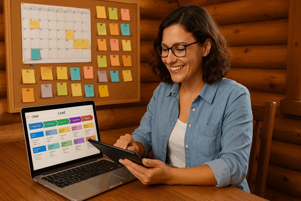 Retreat Sales Coordinator Reviewing the Status of Retreat Inquiries on her device