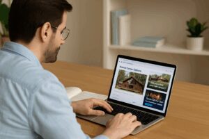 User Viewing Retargeting Ads for a Retreat Center in His Laptop