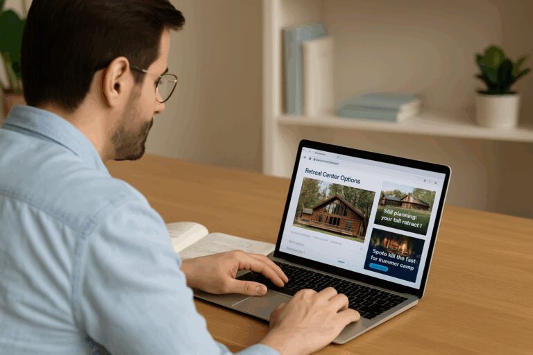 User Viewing Retargeting Ads for a Retreat Center in His Laptop