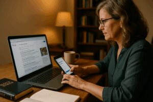 Womens Ministry Leader searching for a retreat center on her device