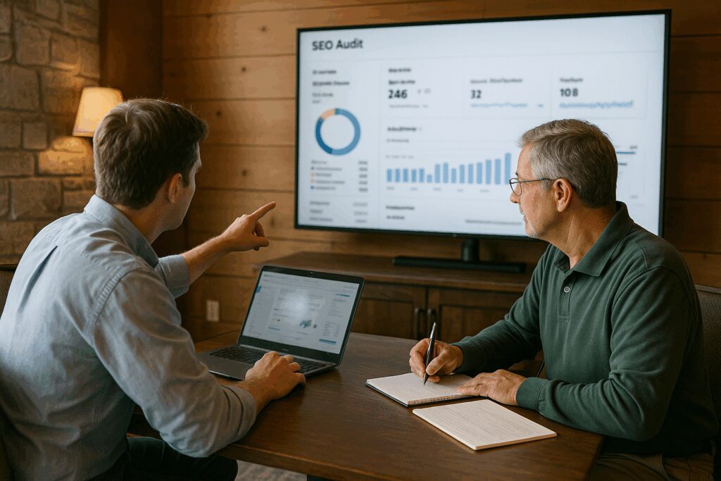 How Retreat Centers and Camps Can Develop Organic Traffic That Fuels Long-Term Growth Camp Leadership Team Reviewing Results of On-Site SEO Audit Report