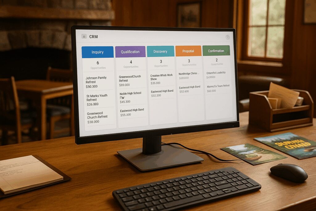 Implementing a Retreat Sales Pipeline to Drive Retreat Booking Growth for Your Camp Computer Screen Showing Retreat Sales Pipeline Status