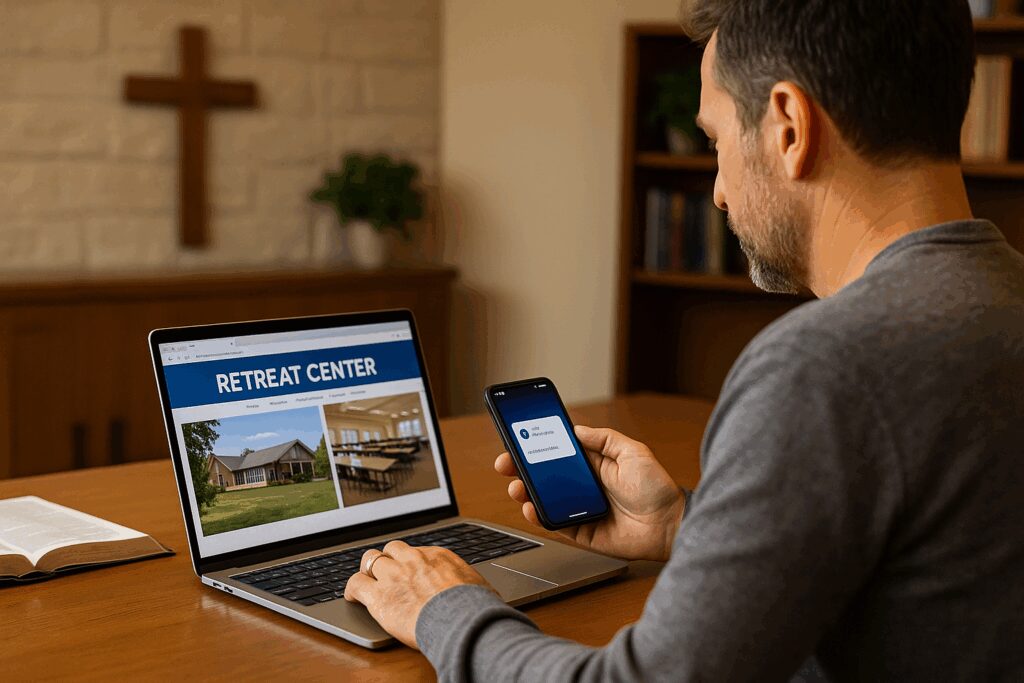 Male Pastor Researching a Retreat Center and Receiving a Text Update