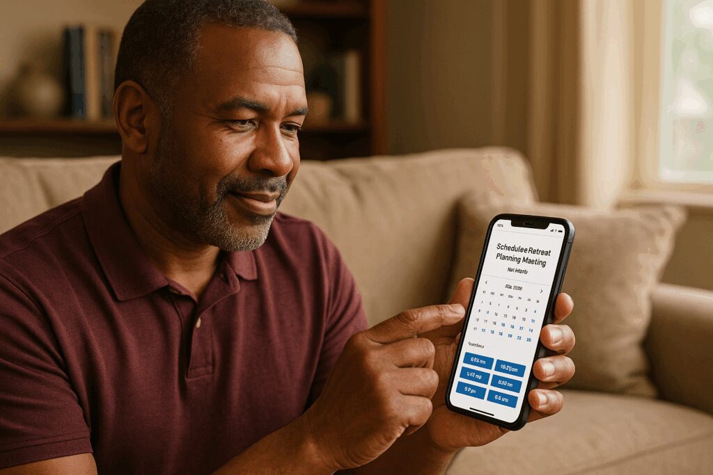 Men's Ministry Leader Booking a Retreat Planning Meeting on His Smartphone