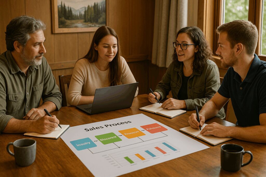 Implementing a Retreat Sales Pipeline to Drive Retreat Booking Growth for Your Camp Retreat Center Staff Working on Sales Process