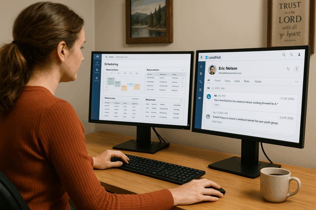 How Unified Lead Communications Can Transform Retreat & Camp Outreach Retreat Guest Services Staff Reviewing Camp Management System & Contact Communications in CRM