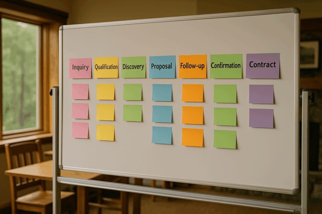Implementing a Retreat Sales Pipeline to Drive Retreat Booking Growth for Your Camp Whiteboard Showing Retreat Sales Pipeline Brainstorming Session