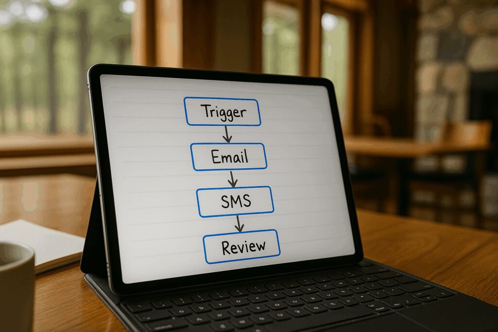 Automate Review Requests to Strengthen Your Reputation and Drive Referrals Automated Review Workflow Diagram for Retreat Center on Computer Screen