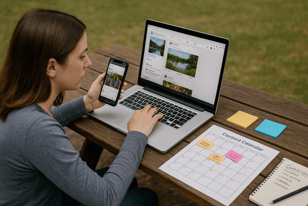 How to Stay Social: Building Real Relationships with Retreat & Camp Guests Through Organic Social Media Content Camp Social Media Manager Developing Social Media Content While Reviewing the Social Media Content Calendar