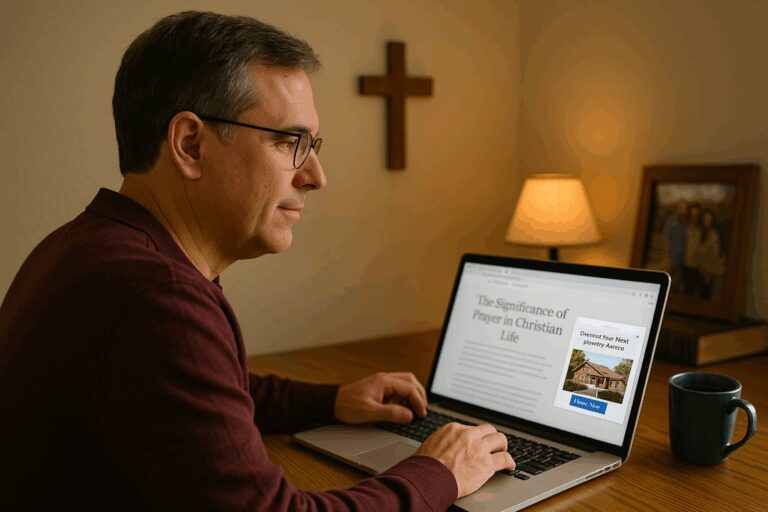 Executive Pastor Reviewing Retreat Display Ad on Laptop While Browsing Online