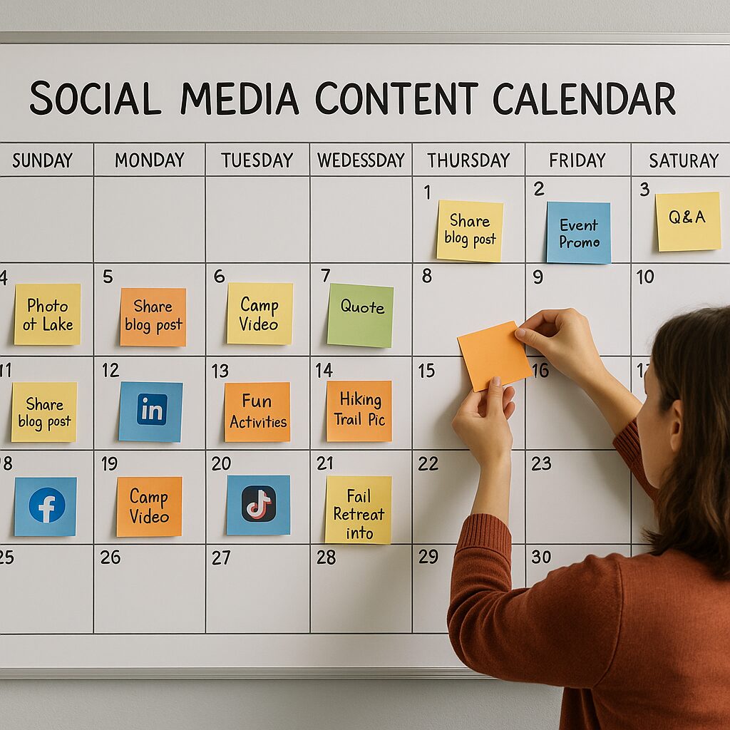 How to Stay Social: Building Real Relationships with Retreat & Camp Guests Through Organic Social Media Content Retreat Center Social Media Content Planning Calendar Image