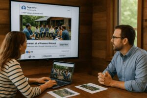 Retreat Marketing Manager Reviewing Facebook Ad Camapign with Executive Camp Director