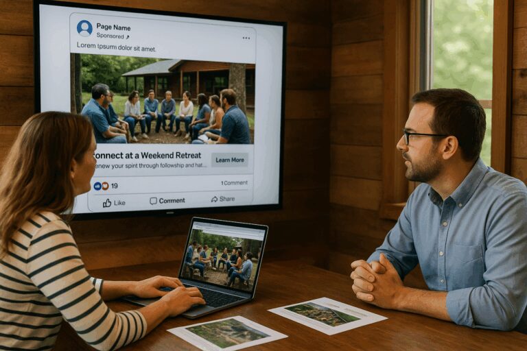 Retreat Marketing Manager Reviewing Facebook Ad Camapign with Executive Camp Director