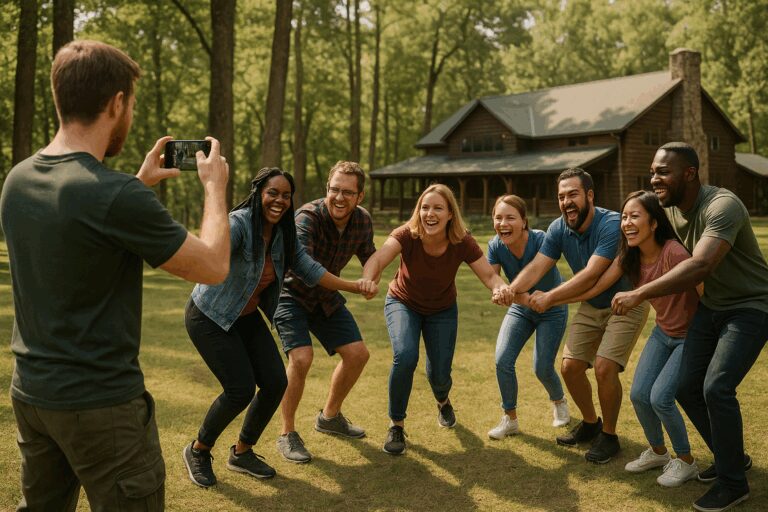 Retreat Social Media Manager Taking a Photo of a Retreat Group Activity to Post on Social Media
