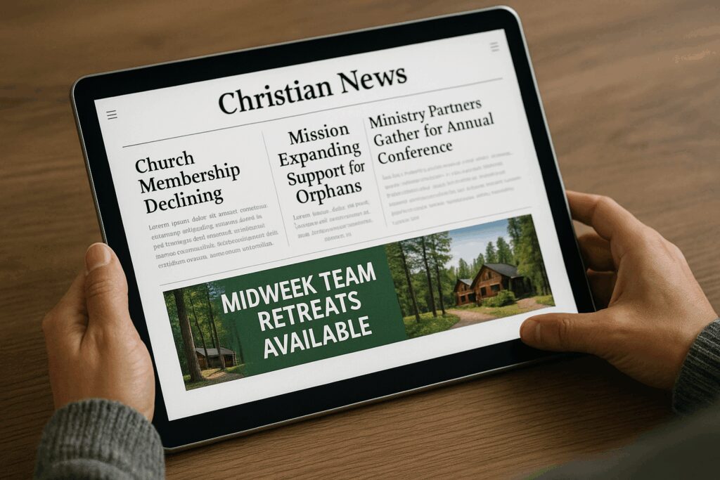 Increase Brand Awareness: How to Expand Your Retreat’s Reach with Ads that Align with Your Mission Tablet Showing Retreat Center Display Ad on a Christian New Site