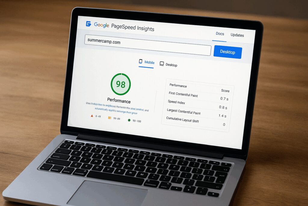Screenshot of Pagespeed Insights for summercamp.com website
