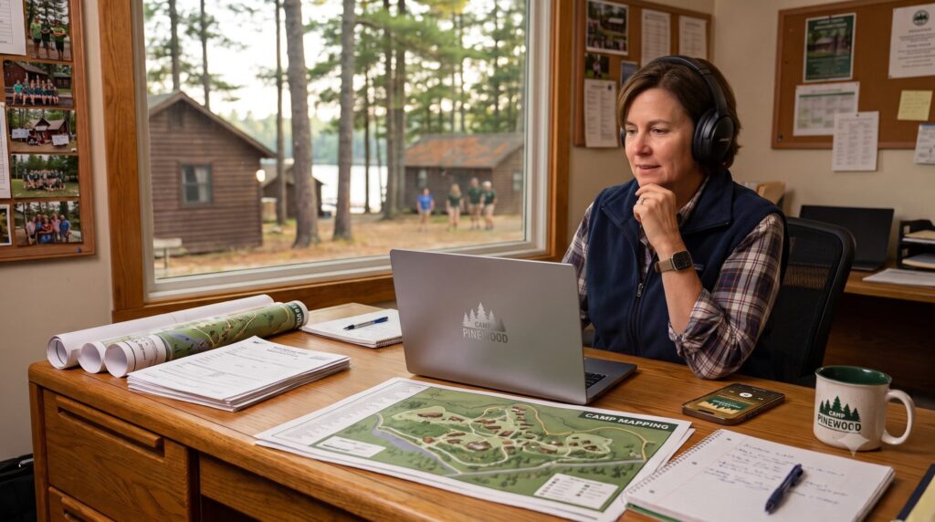 Camp director looking at her laptop.
