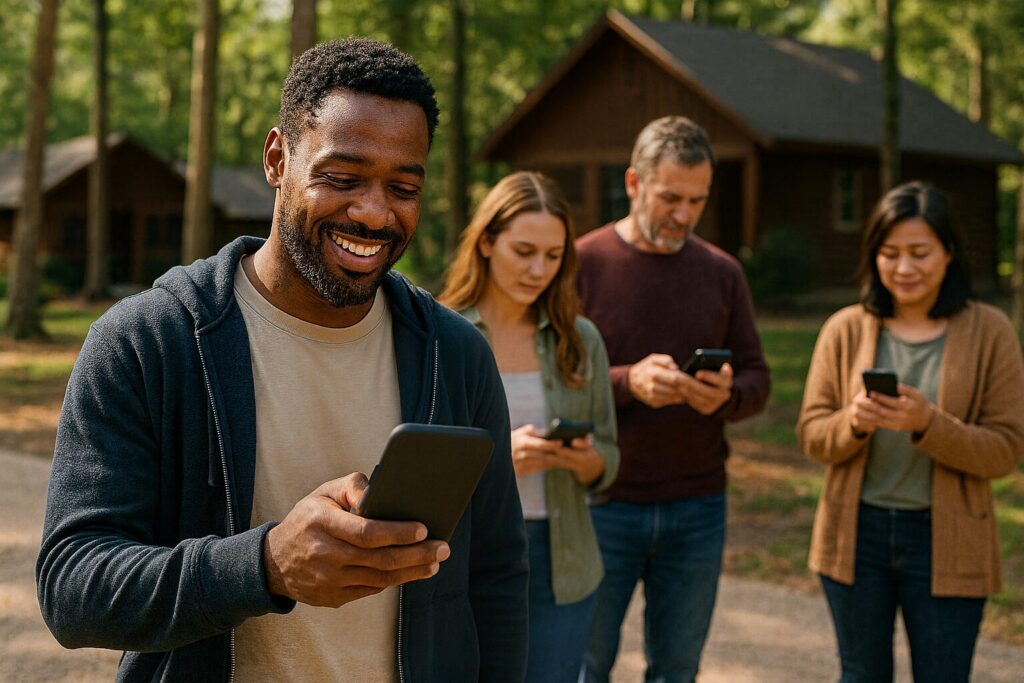 Camp Guests Reading Text Messages on Their Devices