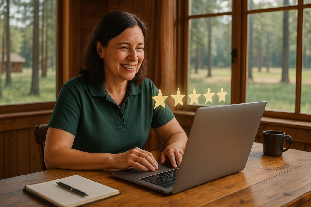 Automated Review Workflow Diagram for Retreat Center on Computer Screen