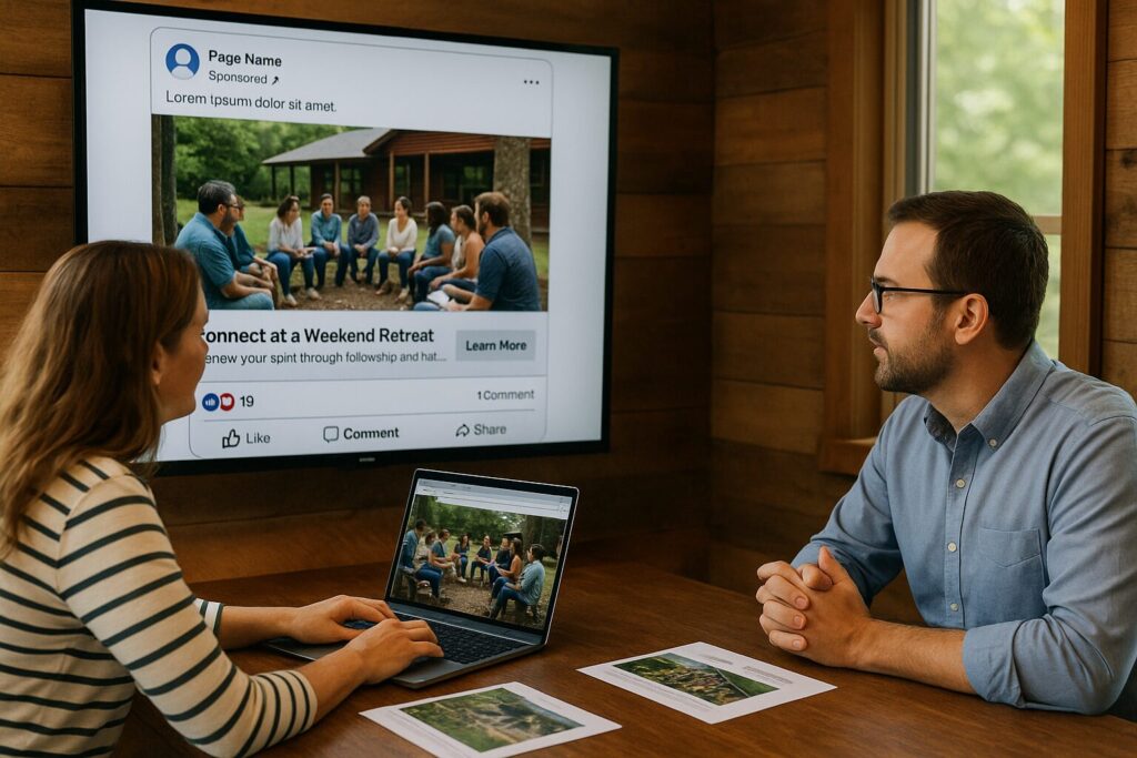 Retreat Marketing Manager Reviewing Facebook Ad Camapign with Executive Camp Director