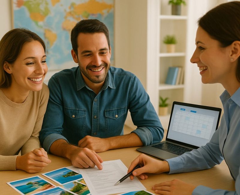 Hospitality marketing services consultant reviewing marketing plan with tourism business owners
