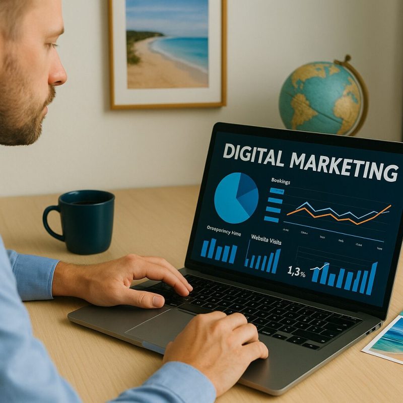 Tourist Attraction Manager Reviewing Digital Marketing Dashboard